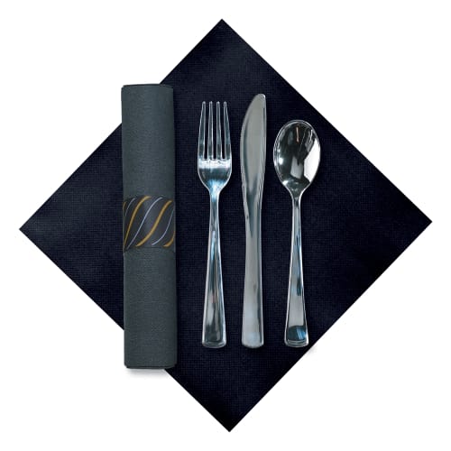 Hoffmaster® FashnPoint® CaterWrap® Black Dinner Napkin & Metallic Cutlery, Pre-Rolled